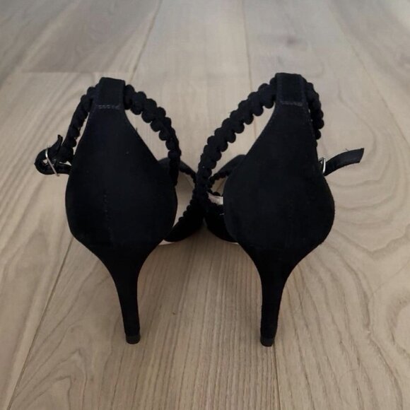 L.K. Bennett Black Suede Pump Pom Pom Trim Ankle Strap - Picture 3 of 7